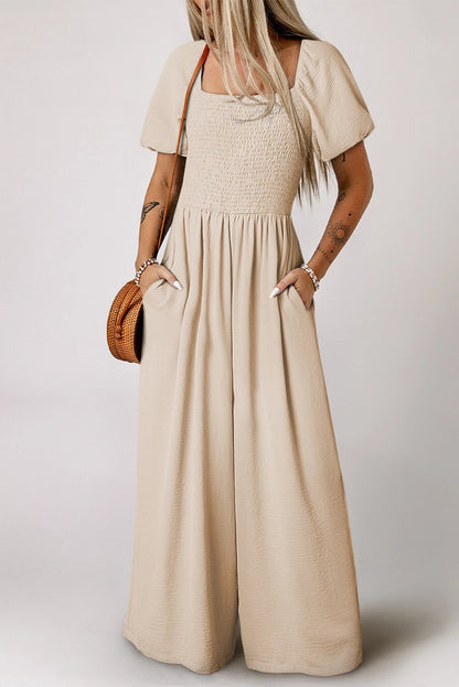 PREORDER: Apricot Short Bubble Sleeve Smocked Wide Leg Jumpsuit (Ships 21-28 Business Days)