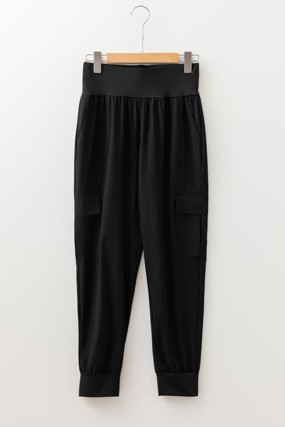 PREORDER: Black Elastic High Waist Pocketed Cargo Jogger Pants (Ships 3-4 Weeks)
