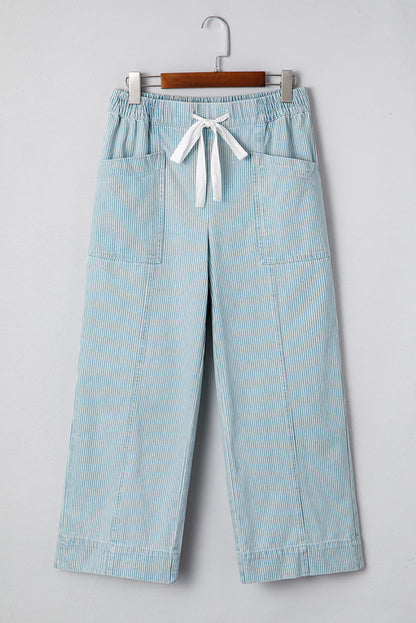 PREORDER: Sky Blue Stripe Mid Rise Drawstring Waist Jeans (Ships in 3-4 weeks)