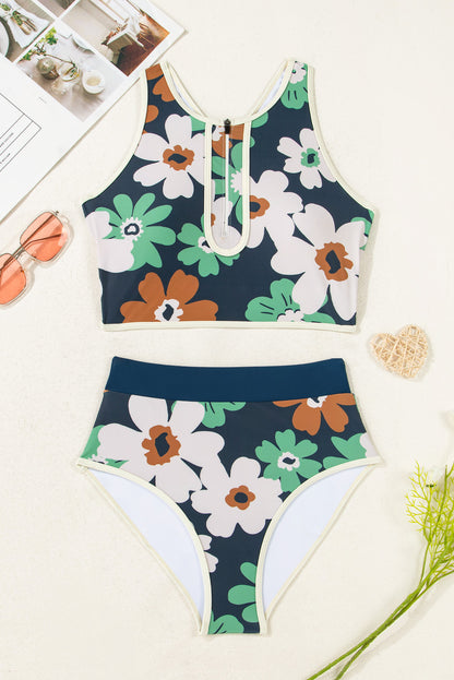 PREORDER: Blue Flower Zip up Racerback High Waisted Bikini (Ships 2-5 weeks)