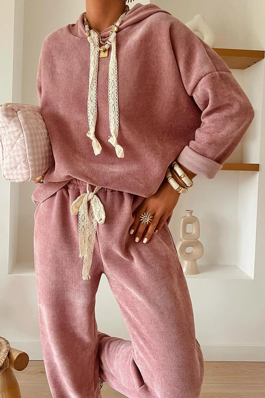 PREORDER: Rose Tan Lace Drawstring Pullover Hoodie and High Waist Pants Corduroy Suit (Ships 21-28 Business Days)