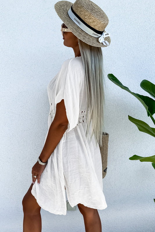PREORDER: White Pom Pom Trim Drawstring Crochet Waist Beach Kimono (Ships 2-5 weeks)
