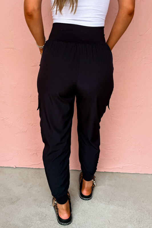 PREORDER: Black Elastic High Waist Pocketed Cargo Jogger Pants (Ships 3-4 Weeks)