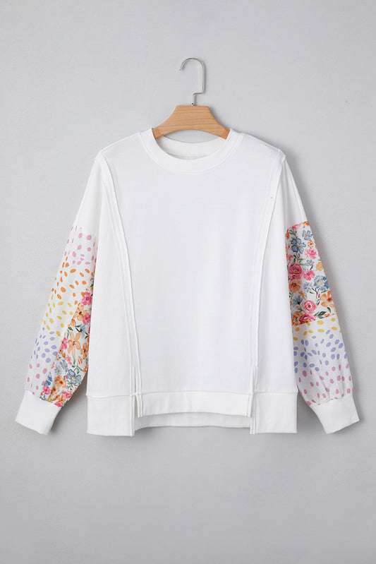 PREORDER: White Floral Dotted Mixed Print Patchwork Sleeve High Low Casual Sweatshirt (Ships 2-4 Weeks)
