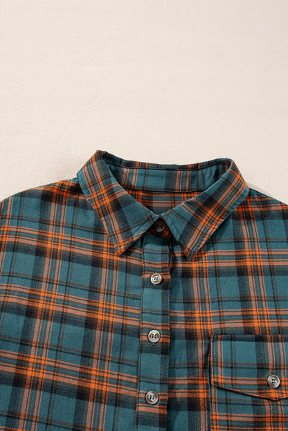 PREORDER: Green Plaid Long Sleeve Side Split Distressed Hem Shirt (Ships 3-4 Weeks)