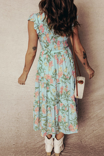 PREORDER: Smocked Bodice Ruffled Sleeveless Tiered Floral Maxi Dress (Ships 21-28 Business Days)