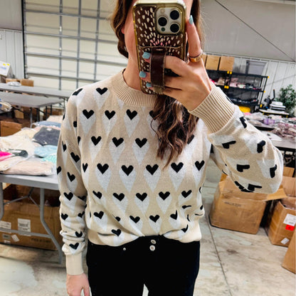 PREORDER: Parchment Geometric Heart Print Ribbed Trim Loose Sweater (Ships 21-28 Business Days)
