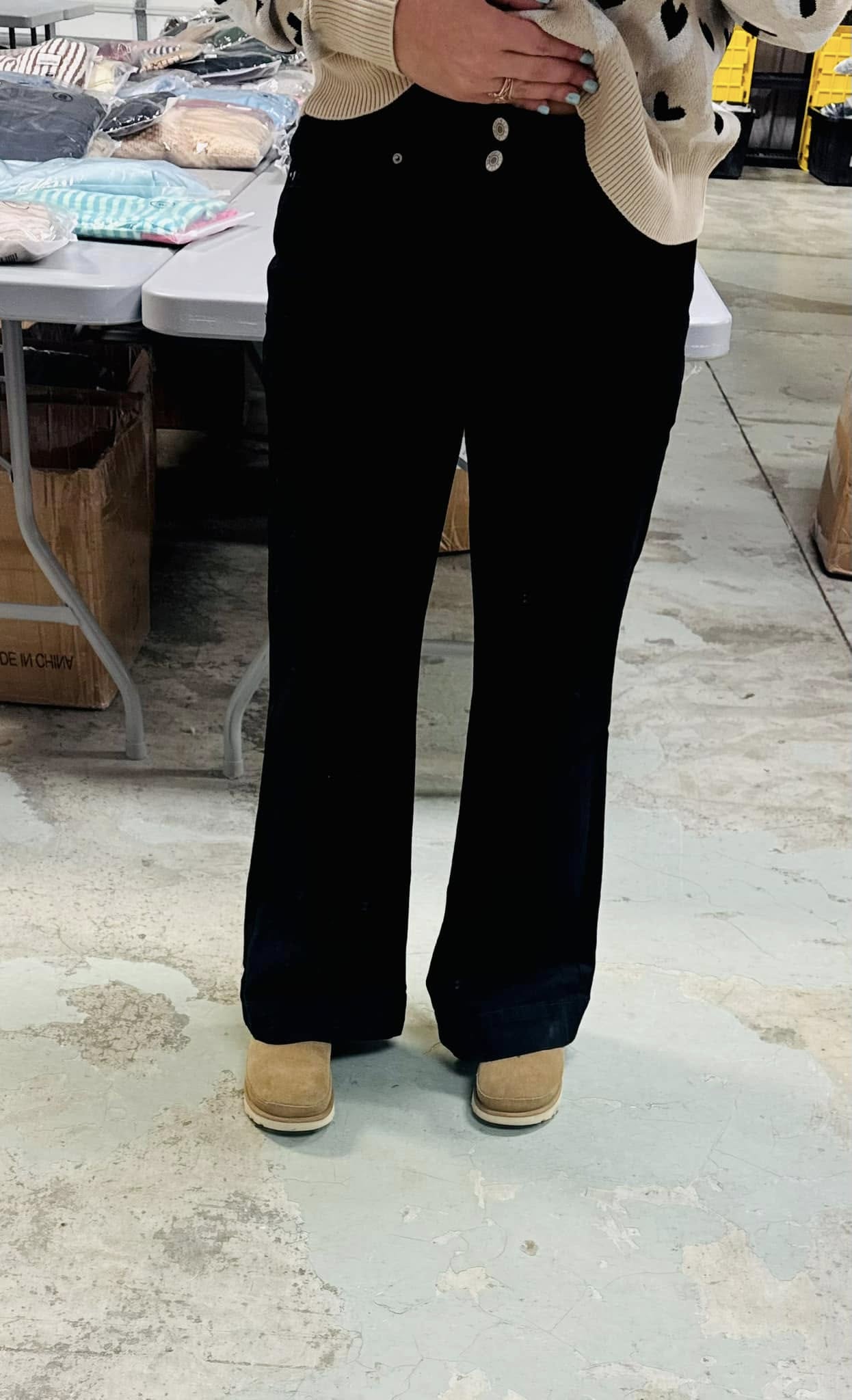 PREORDER: Black 2-Button High Waist Flared Bottom Jeans (Ships in 21-28 Business Days)