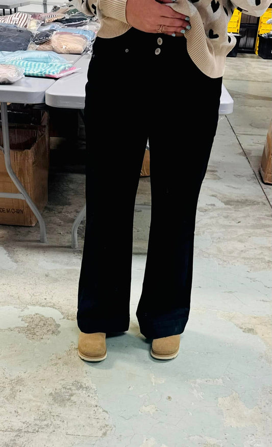 PREORDER: Black 2-Button High Waist Flared Bottom Jeans (Ships in 21-28 Business Days)