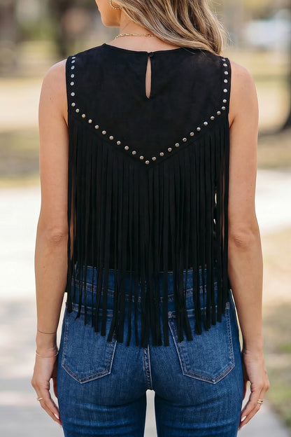 PREORDER: Black Western Fringe Rivet Paneling Bust Sleeveless Top (Ships 21-28 Business Days)