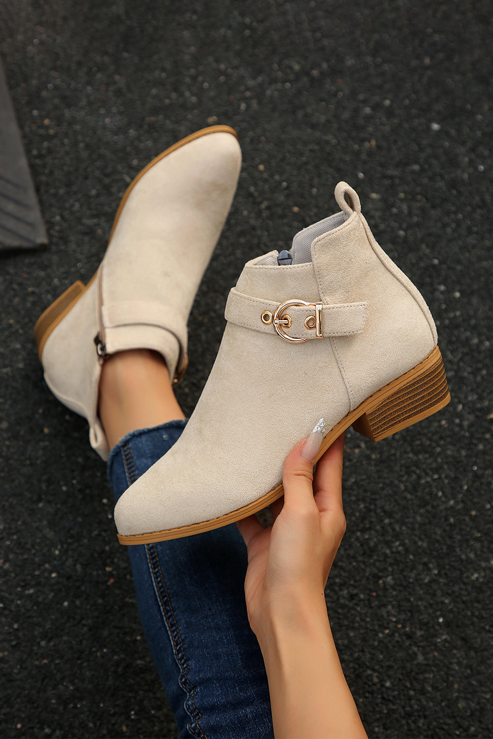 PREORDER: Beige Classic Buckle Strap Chunky Heel Suede Boots (Ships 3-4 Weeks)