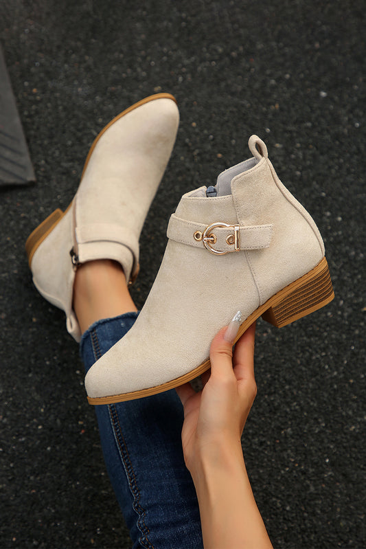 PREORDER: Beige Classic Buckle Strap Chunky Heel Suede Boots (Ships 3-4 Weeks)