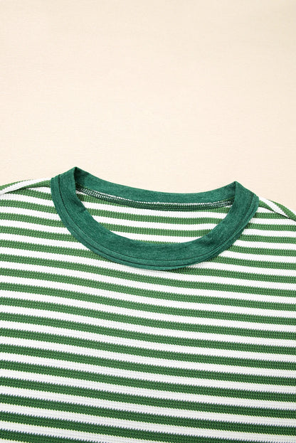 Green Stripe Exposed Seam Patchwork Plus Size Thermal Top