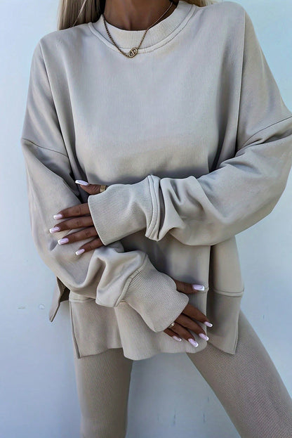 PREORDER: Oversize Slit Sweatshirt Ribbed Leggings 2pcs Set (Ships 3-4 Weeks)