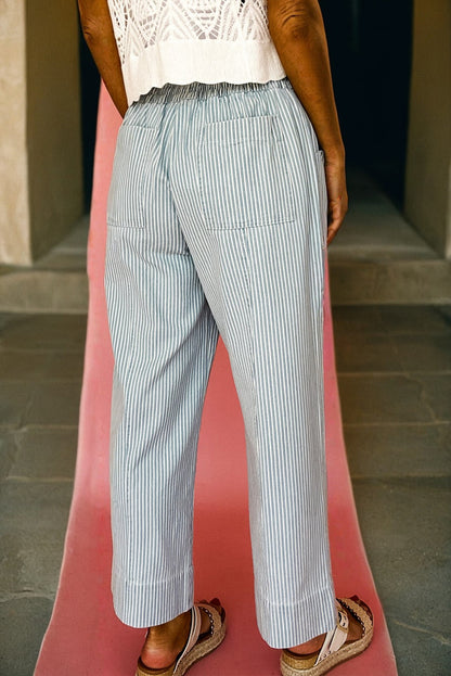 PREORDER: Sky Blue Stripe Mid Rise Drawstring Waist Jeans (Ships in 3-4 weeks)