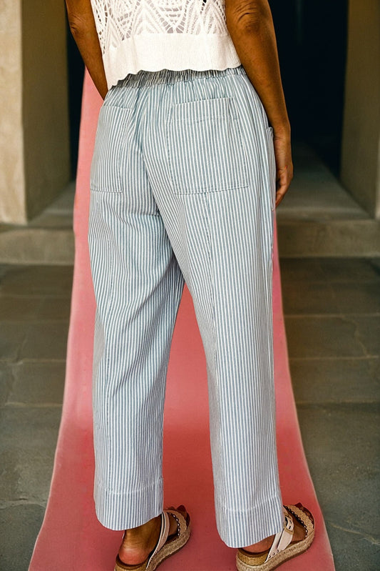 PREORDER: Sky Blue Stripe Mid Rise Drawstring Waist Jeans (Ships in 3-4 weeks)