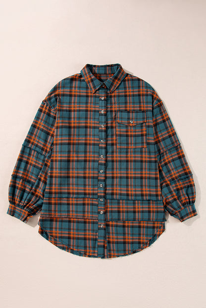 PREORDER: Green Plaid Long Sleeve Side Split Distressed Hem Shirt (Ships 3-4 Weeks)