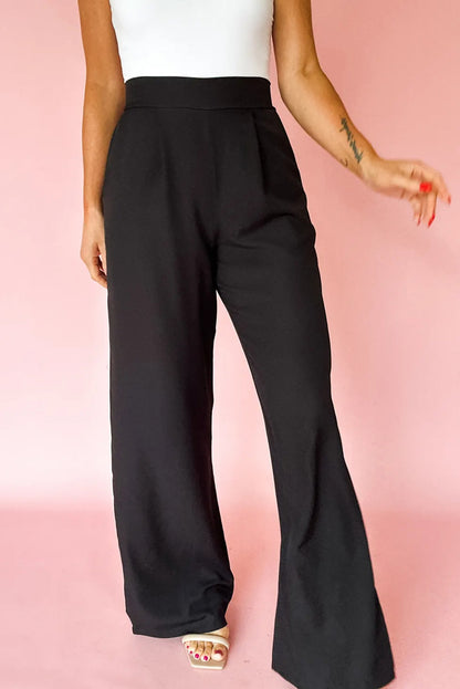 PREORDER: Black Pleated Detail Pull On High Elastic Waist Loose Straight Pants (Ships 21-28 Business Days)