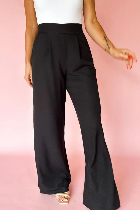 PREORDER: Black Pleated Detail Pull On High Elastic Waist Loose Straight Pants (Ships 21-28 Business Days)