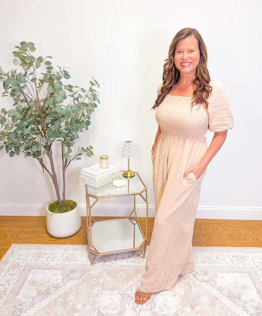 PREORDER: Apricot Short Bubble Sleeve Smocked Wide Leg Jumpsuit (Ships 21-28 Business Days)