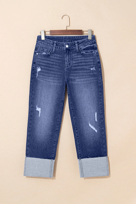 PREORDER: Folded Cuffs Distressed Straight High Waist Jeans (Ships in 21-28 Business Days)