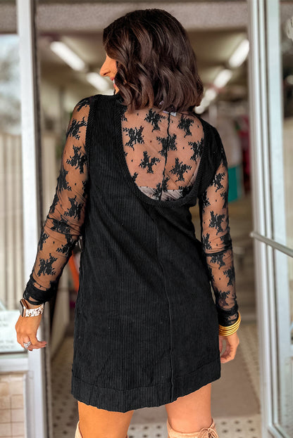 PREORDER: Black Corduroy Sleeveless Mini Dress With Patched Pockets (Ships 3-4 Weeks)