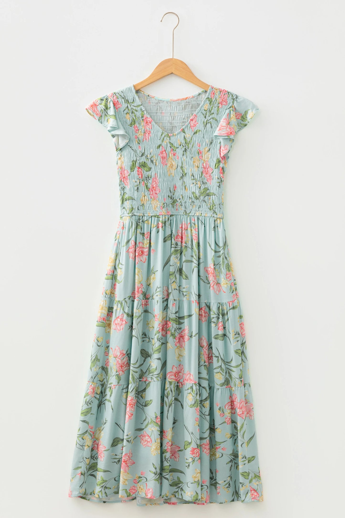 PREORDER: Smocked Bodice Ruffled Sleeveless Tiered Floral Maxi Dress (Ships 21-28 Business Days)