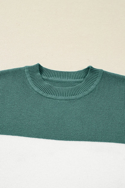 PREORDER: Green Color Block Plain Ribbed Knit Baggy Sweater (Ships 21-28 Business Days)