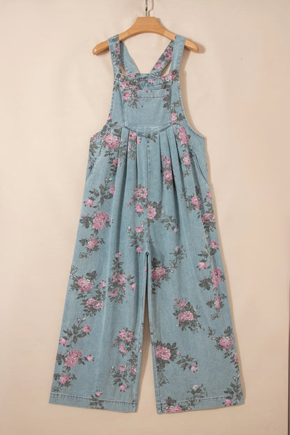PREORDER: Beau Blue Floral Print Pleated High Waist Wide Leg Denim Jumpsuit (Ships 21-28 Business Days)