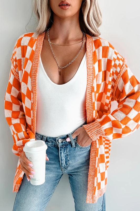 PREORDER: Orange Checkered Open Front Drop Shoulder Cardigan (Ships 2-4 Weeks)