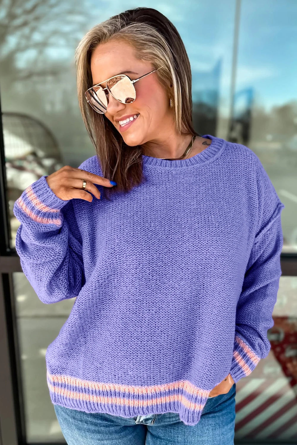 PREORDER: Wisteria Plus Size Striped Trim Drop Shoulder Knit Loose Sweater (Ships 21-28 Business Days) (Copy)