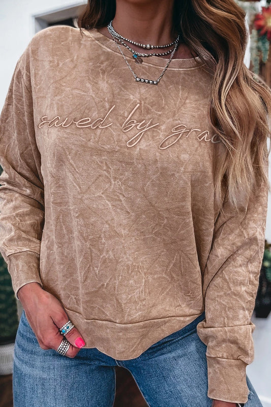 PREORDER: Saved by grace Letter Embroidery Mineral Wash Loose Sweatshirt (Ships 21-28 Business Days)