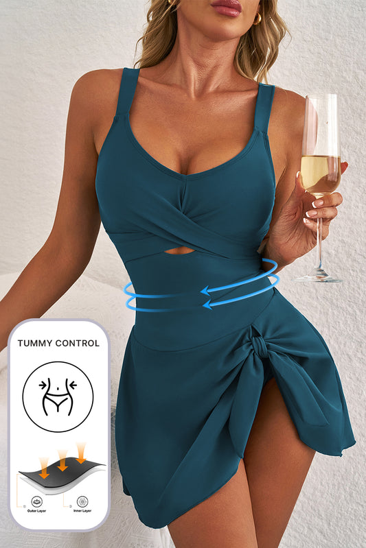 PREORDER: Sea Green Adjustable Straps Cutout Ruched Knot Slit One Piece Swim Dress (Ships 2-5 weeks)