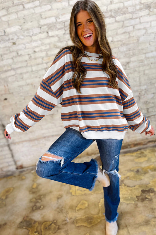 PREORDER: Brown Stripe Crew Neck Drop Shoulder Pullover Sweatshirt (Ships 3-4 Weeks)