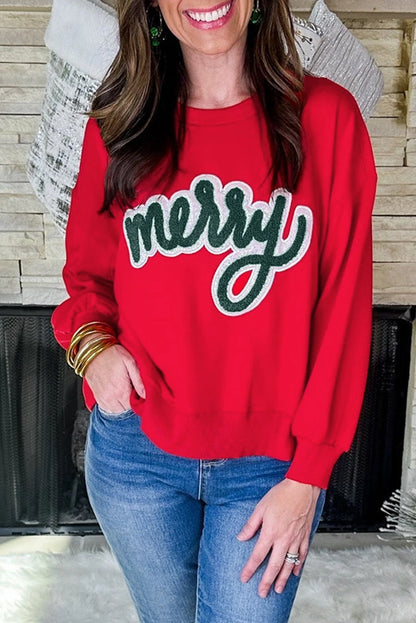PREORDER: Fiery Red Merry Script Holiday Christmas Graphic Sweatshirt (Ships 21-28 Business Days)