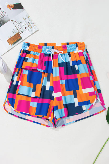 PREORDER: Rose Geometric Printed Drawstring Waist Beach Shorts with Pockets (Ships 2-5 weeks)