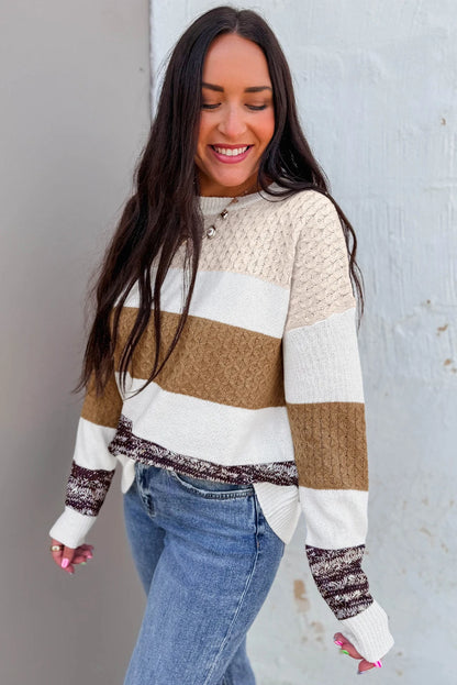 PREORDER: Brown Mixed Texture Knit Striped Color Block Loose Sweater (Ships 21-28 Business Days)