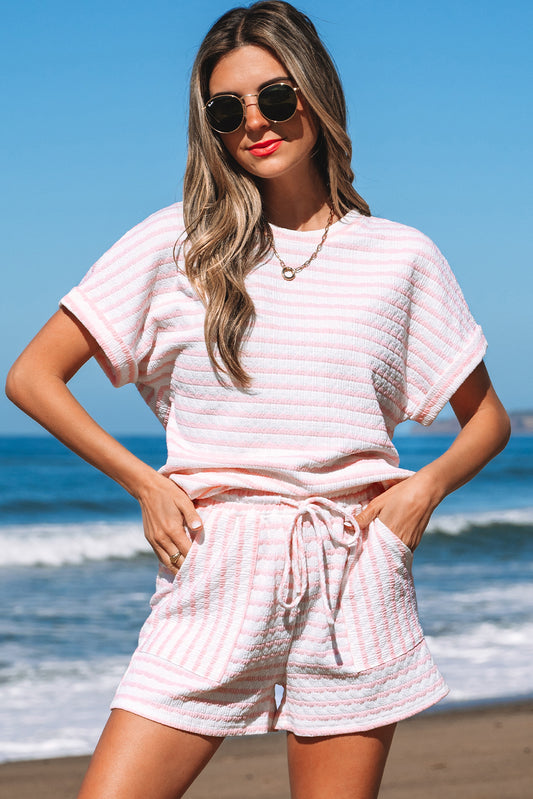 PREORDER: Striped Knitted Short Sleeve Top and Drawstring Shorts Set (Ships 2-3 weeks)