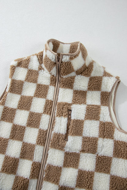 PREORDER: Khaki Checkered Sherpa Collared Jacket Vest (Ships 2-4 Weeks)