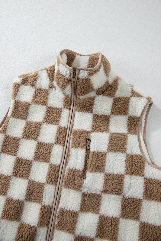 PREORDER: Khaki Checkered Sherpa Collared Jacket Vest (Ships 2-4 Weeks)