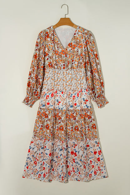 PREORDER: Khaki Floral Print Ruffled Tiered Long Sleeve V Neck Midi Dress (Ships 3-4 Weeks)
