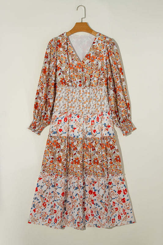 PREORDER: Khaki Floral Print Ruffled Tiered Long Sleeve V Neck Midi Dress (Ships 3-4 Weeks)