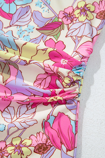 PREORDER: Pink Floral Ruffle Trim V Neck Lace-up Back Tummy Control One Piece Swimsuit (Ships 2-5 weeks)
