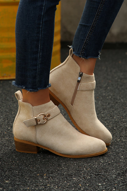 PREORDER: Beige Classic Buckle Strap Chunky Heel Suede Boots (Ships 3-4 Weeks)