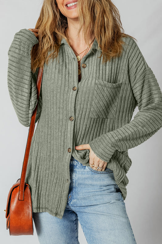 PREORDER: Mist Green Thermal Ribbed Texture Drop Shoulder Button Up Shacket (Ships 3-4 Weeks)