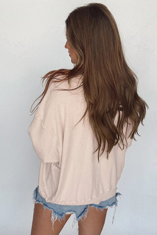 PREORDER: Beige Raw Edge Flower Patch Drop Shoulder Casual Top (Ships 3-4 Weeks)