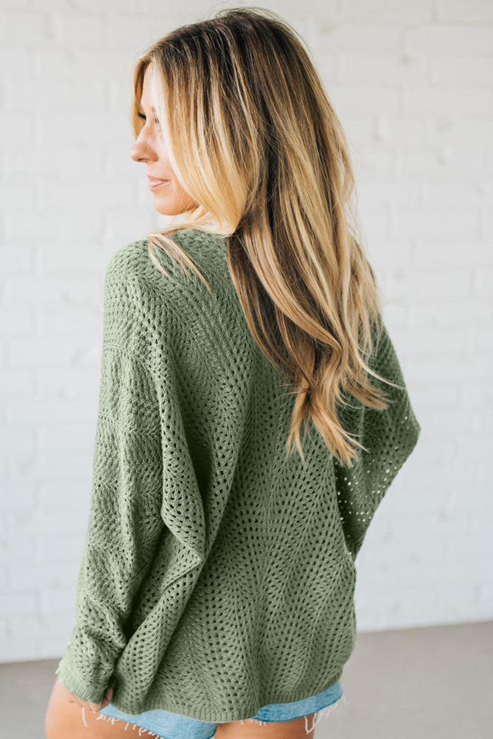 PREORDER: Green Scalloped Edge Eyelet Knit Batwing Sleeve Cardigan (Ships 3-4 Weeks)