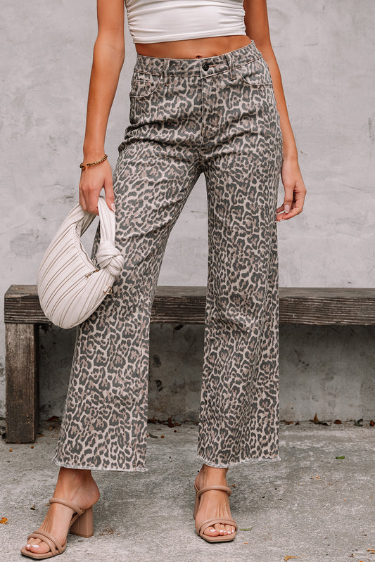 PREORDER: Brown Leopard Frayed Edge Wide Leg High Waist Jeans (Ships in 3-4 weeks)