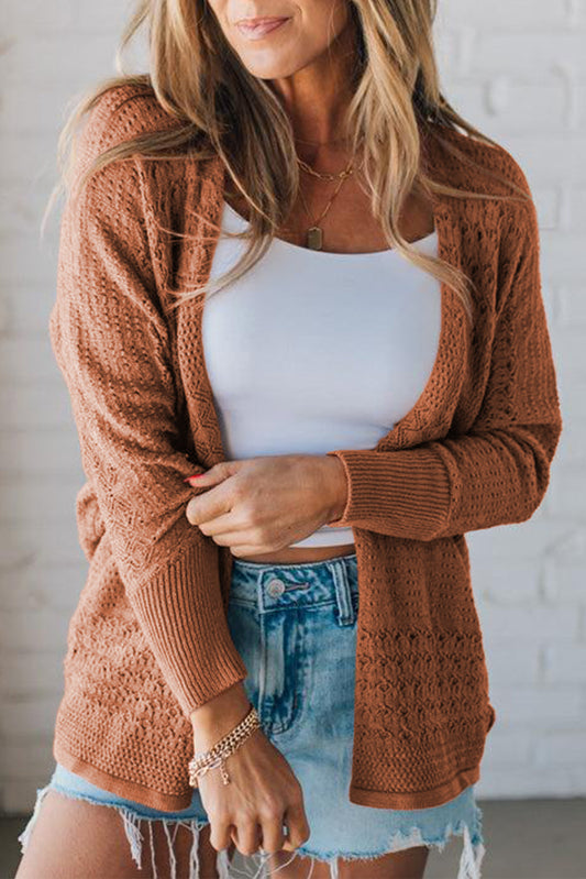 PREORDER: Redwood Burl Mix Pattern Hollowed Knit Open Front Cardigan (Ships 3-4 Weeks)