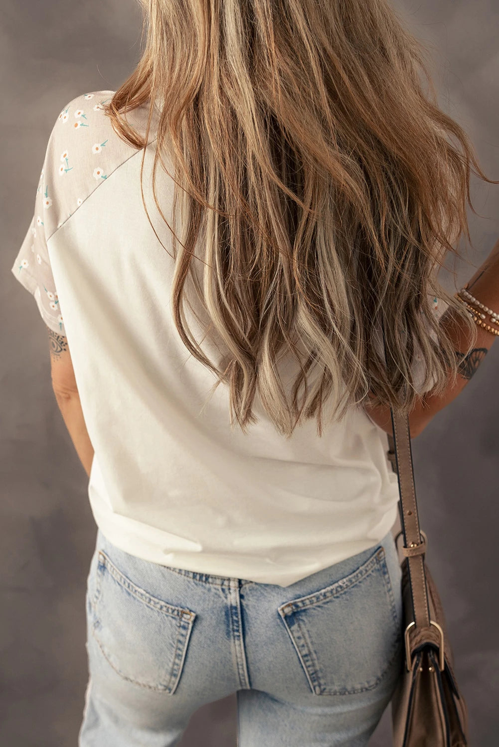 Beige Floral Print Color Block Raglan Sleeve T Shirt